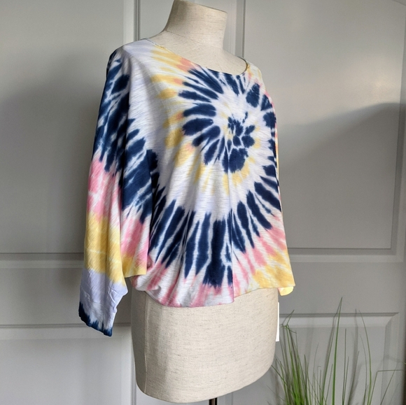 Nation LTD Top Crop Pima Cotton Spiral Tie Dye Elbow Length Batwing Multi L NWT - Picture 4 of 14